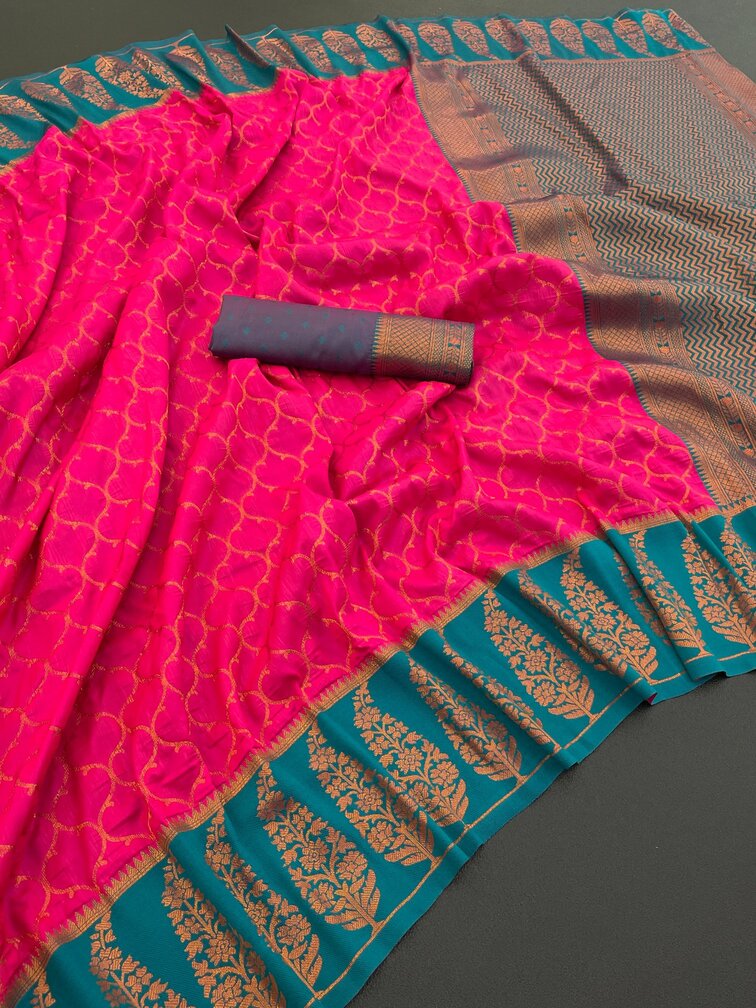 Designer Dark Pink Soft Banarasi Silk Saree With Engrossing Blouse Piece