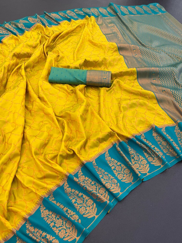 Exceptional Mustard Soft Banarasi Silk Saree With Twirling Blouse Piece