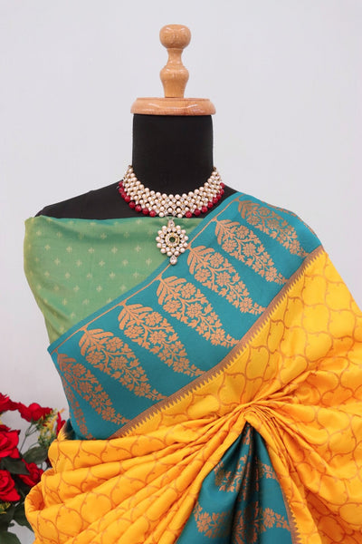 Snappy Yellow Soft Banarasi Silk Saree With Supernal Blouse Piece
