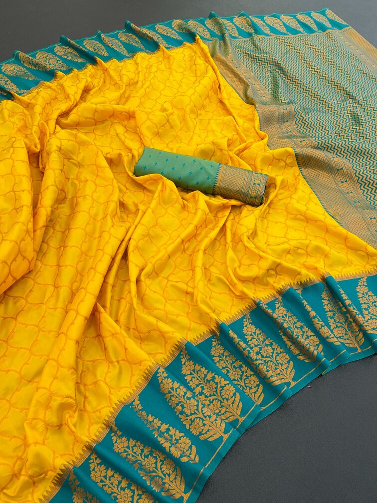 Snappy Yellow Soft Banarasi Silk Saree With Supernal Blouse Piece