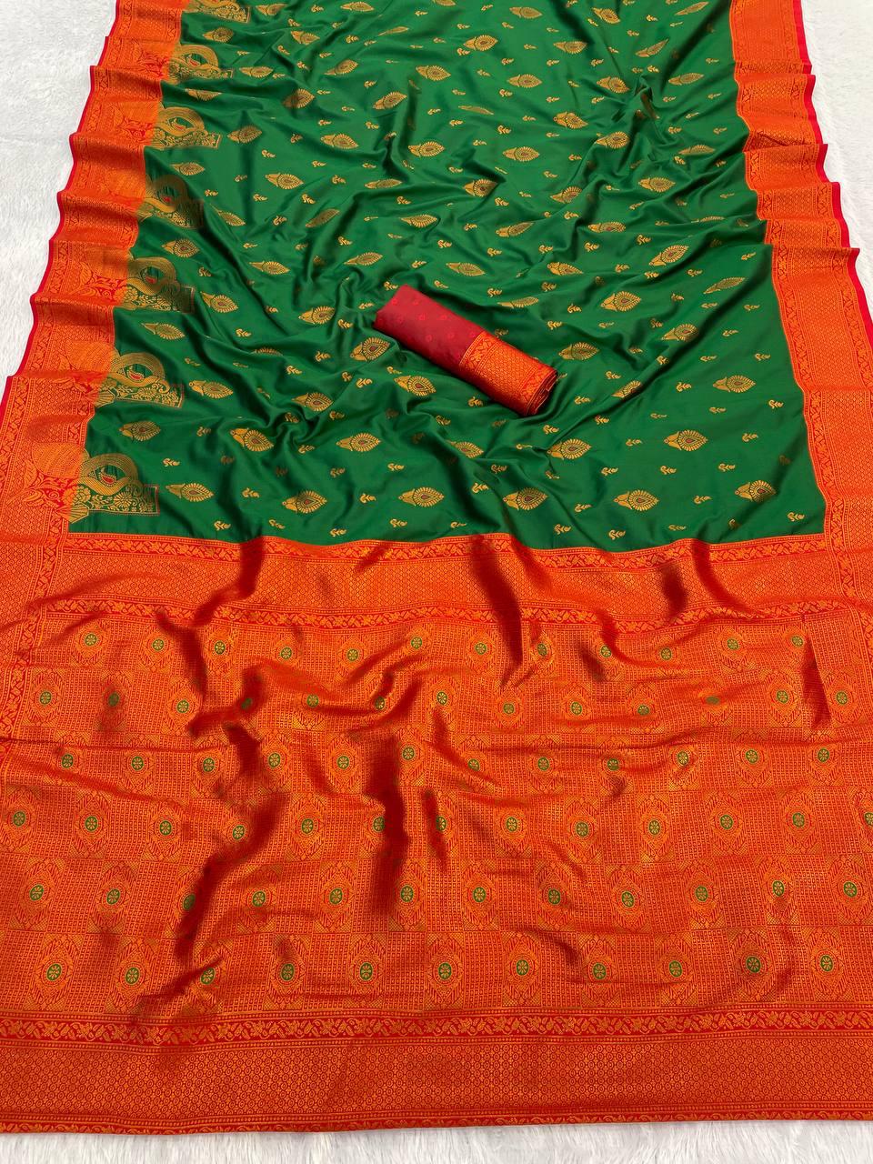 Demesne Dark Green Soft Banarasi Silk Saree With Effervescent Blouse Piece