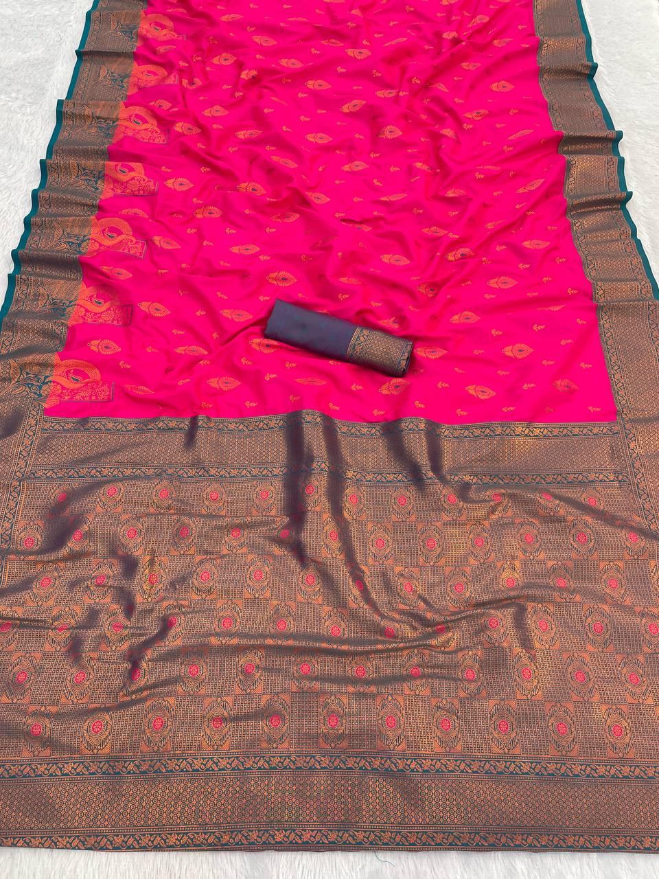 Evanescent Dark Pink Soft Banarasi Silk Saree With Palimpsest Blouse Piece