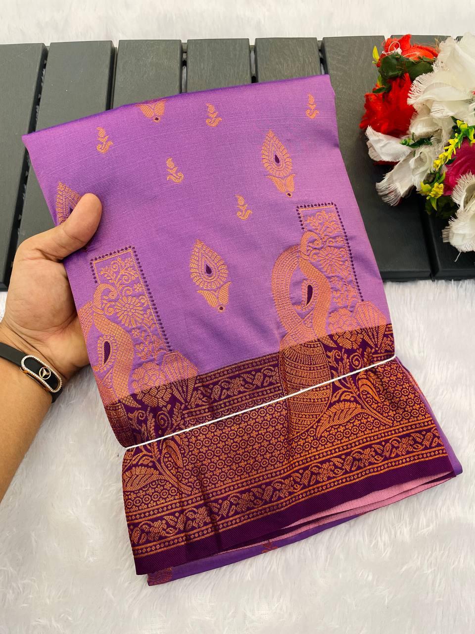 Susurrous Lavender Soft Banarasi Silk Saree With Smashing Blouse Piece