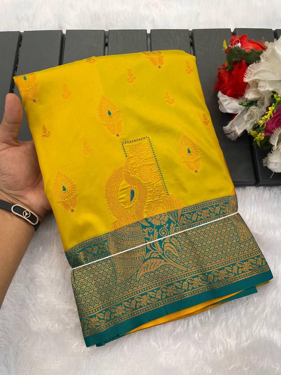 Fantabulous Lemon Soft Banarasi Silk Saree With Unequalled Blouse Piece