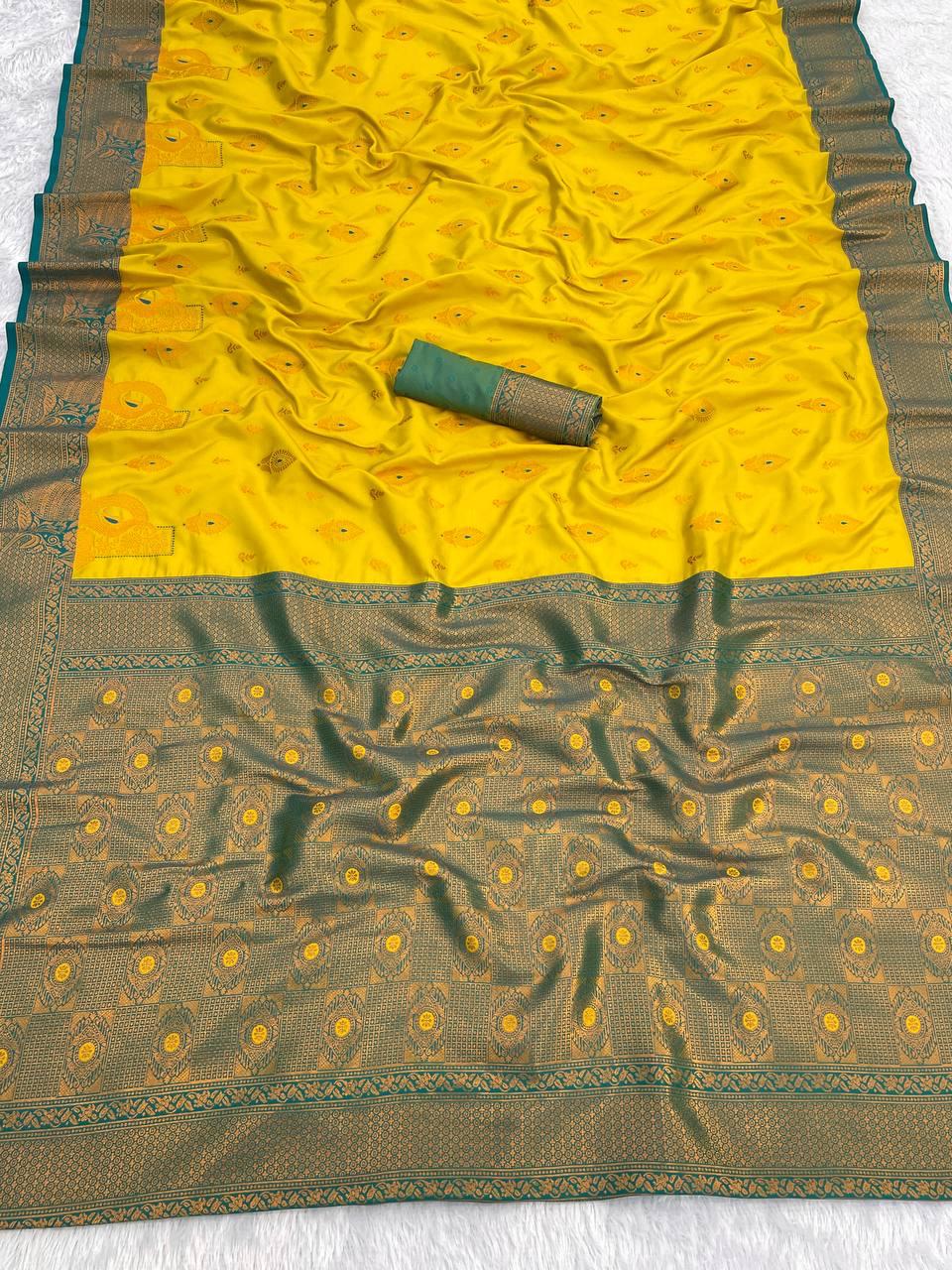 Fantabulous Lemon Soft Banarasi Silk Saree With Unequalled Blouse Piece