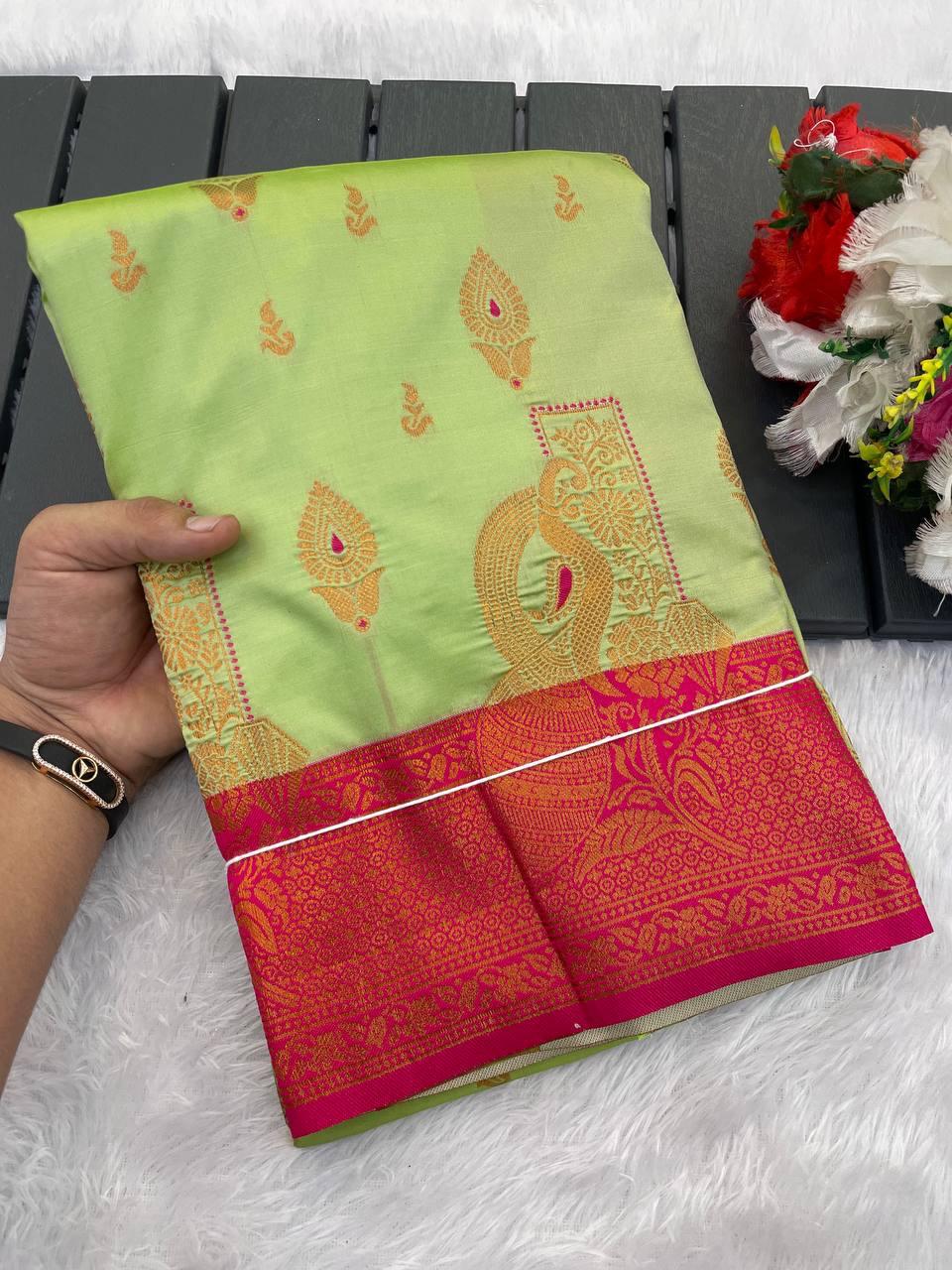 Beguiling Pista Soft Banarasi Silk Saree With Nebula Blouse Piece
