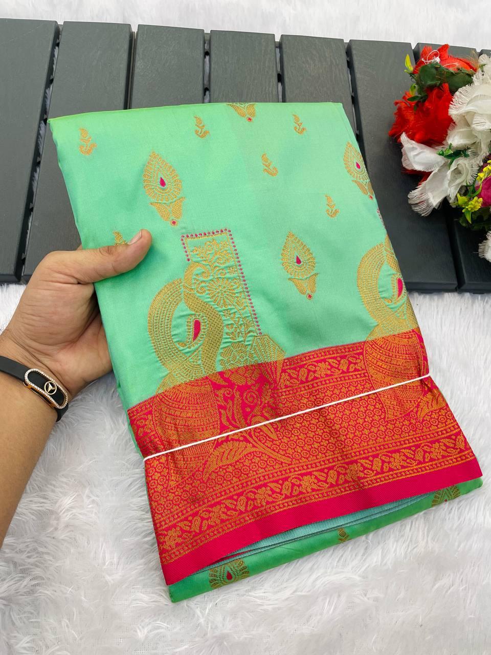 Proficient Sea Green Soft Banarasi Silk Saree With Splendorous Blouse Piece