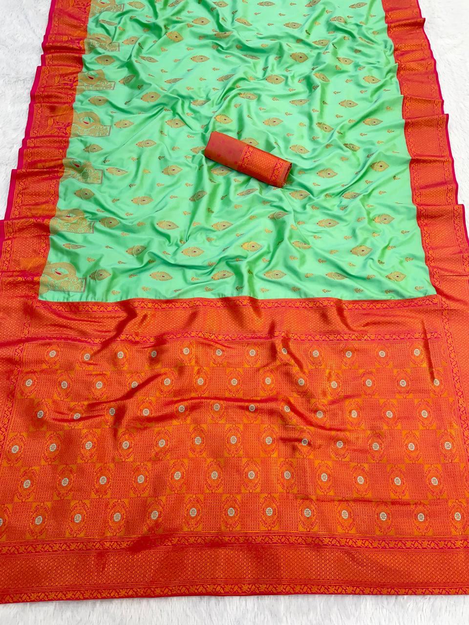 Proficient Sea Green Soft Banarasi Silk Saree With Splendorous Blouse Piece