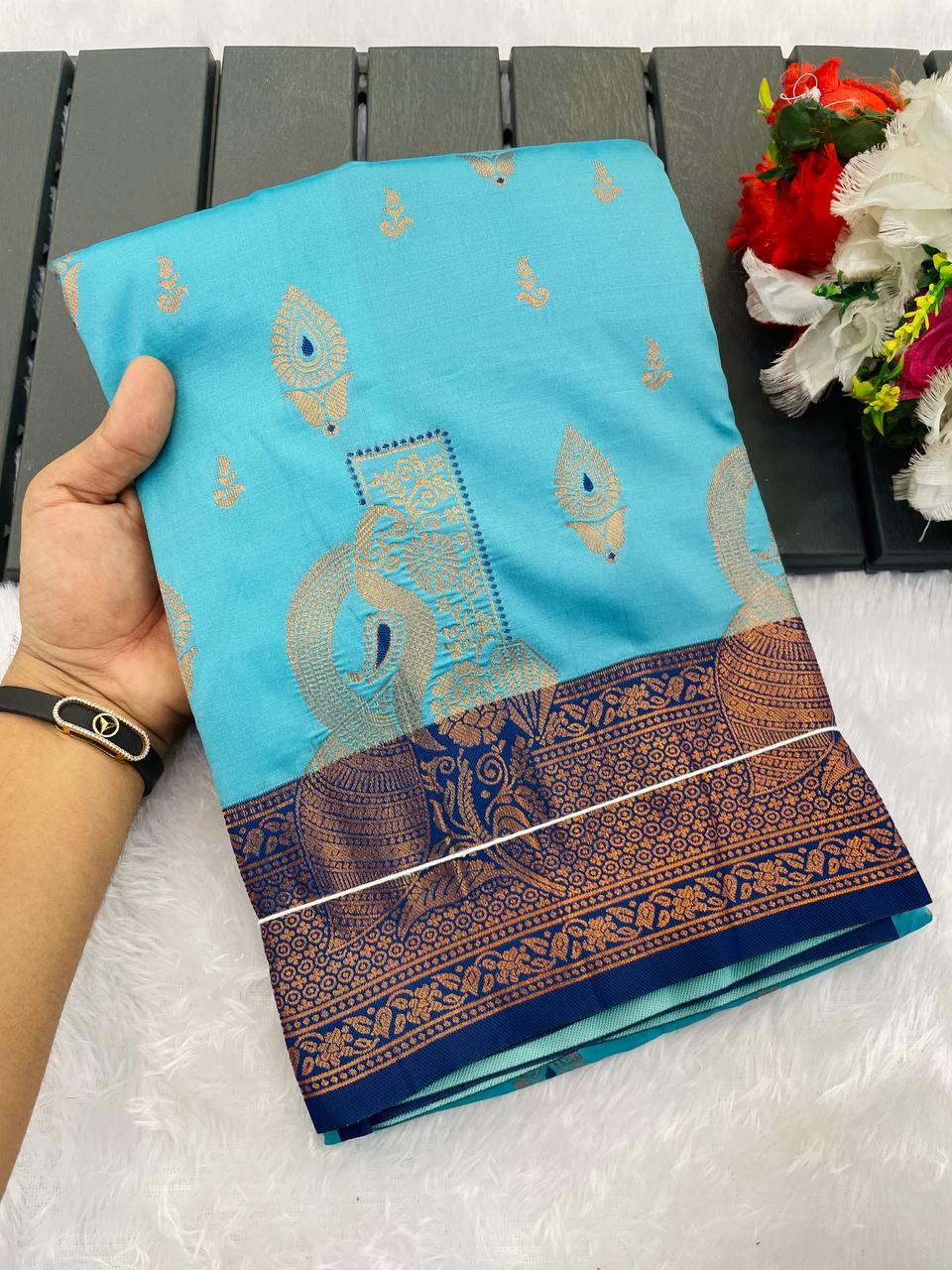 Scrumptious Sky Soft Banarasi Silk Saree With Delectable Blouse Piece