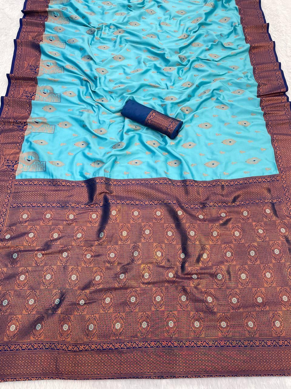 Scrumptious Sky Soft Banarasi Silk Saree With Delectable Blouse Piece