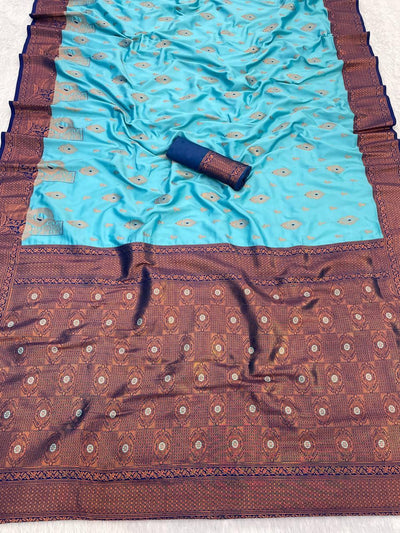 Scrumptious Sky Soft Banarasi Silk Saree With Delectable Blouse Piece