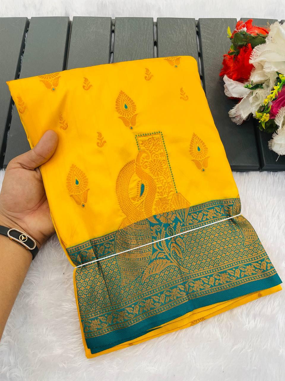 Gossamer Yellow Soft Banarasi Silk Saree With Brood Blouse Piece
