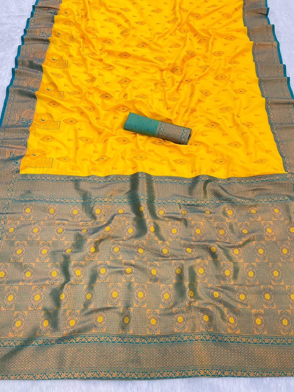 Gossamer Yellow Soft Banarasi Silk Saree With Brood Blouse Piece