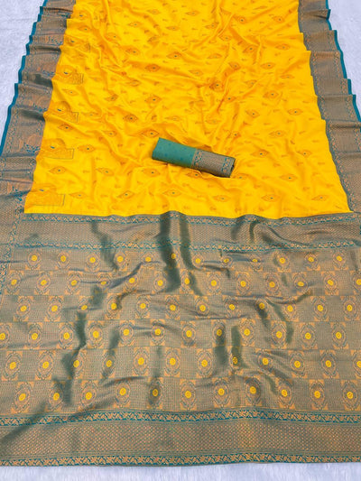 Gossamer Yellow Soft Banarasi Silk Saree With Brood Blouse Piece