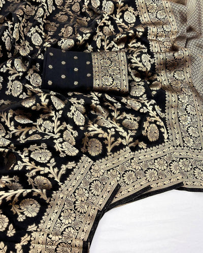 Marvellous Black Soft Banarasi Silk Saree With Extraordinary Blouse Piece
