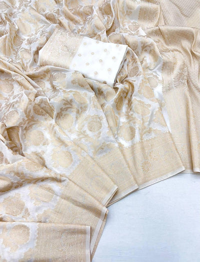 Designer Off White Soft Banarasi Silk Saree With Exceptional Blouse Piece