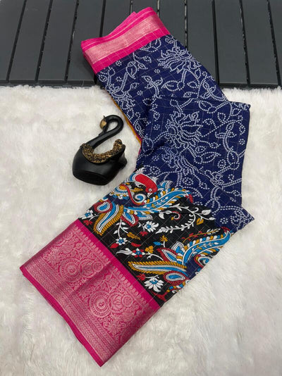 Effervescent Navy Blue Digital Printed Dola Silk Saree With Fugacious Blouse Piece