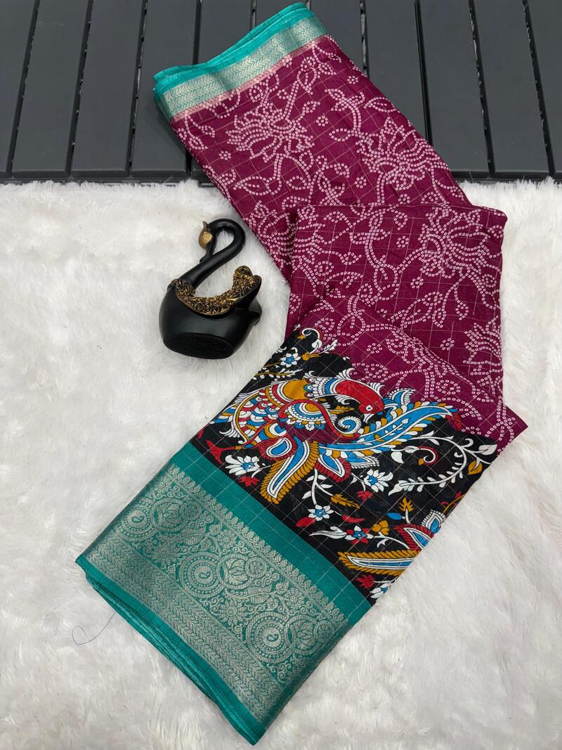 Lustrous Wine Digital Printed Dola Silk Saree With Tantalizing Blouse Piece