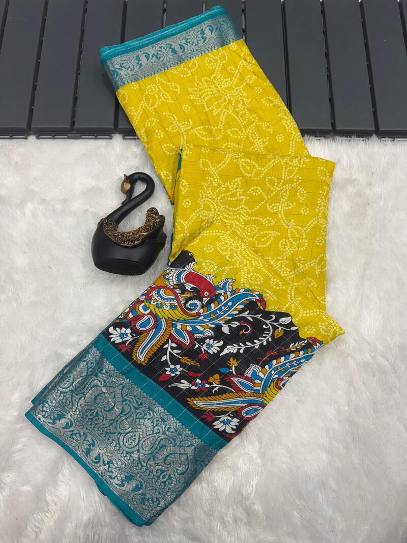 Alluring Yellow Digital Printed Dola Silk Saree With Exquisite Blouse Piece