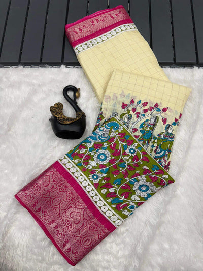 Flattering Beige Digital Printed Dola Silk Saree With Refreshing Blouse Piece