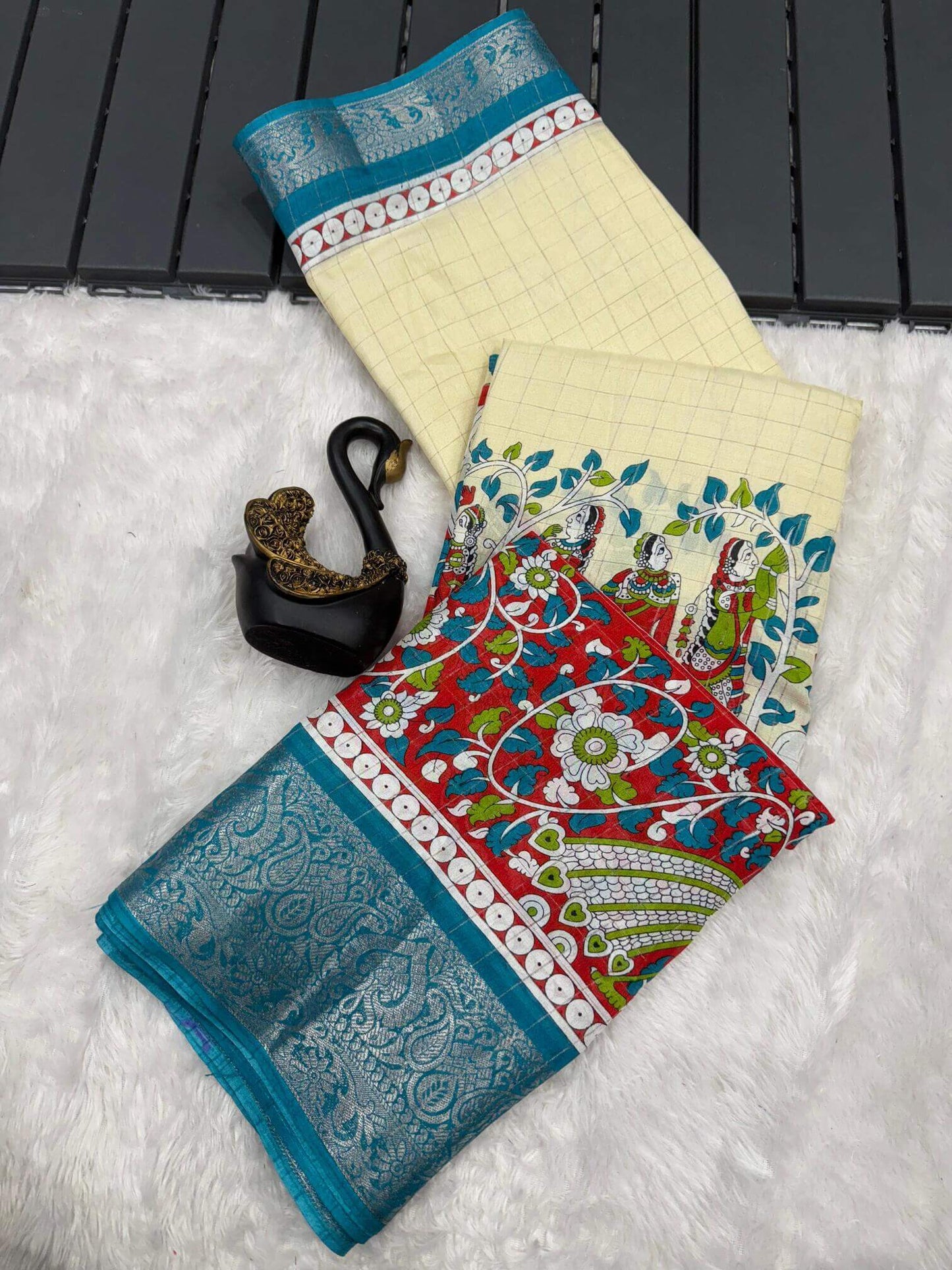 Flaunt Beige Digital Printed Dola Silk Saree With Dazzling Blouse Piece