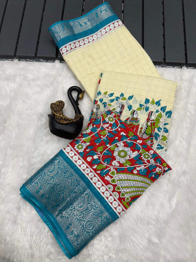 Flaunt Beige Digital Printed Dola Silk Saree With Dazzling Blouse Piece