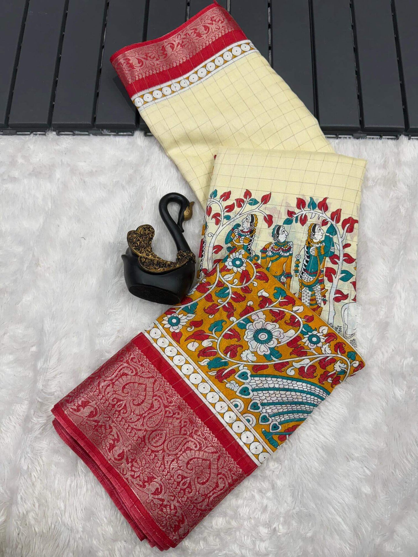 Inspiring Beige Digital Printed Dola Silk Saree With Traditional Blouse Piece