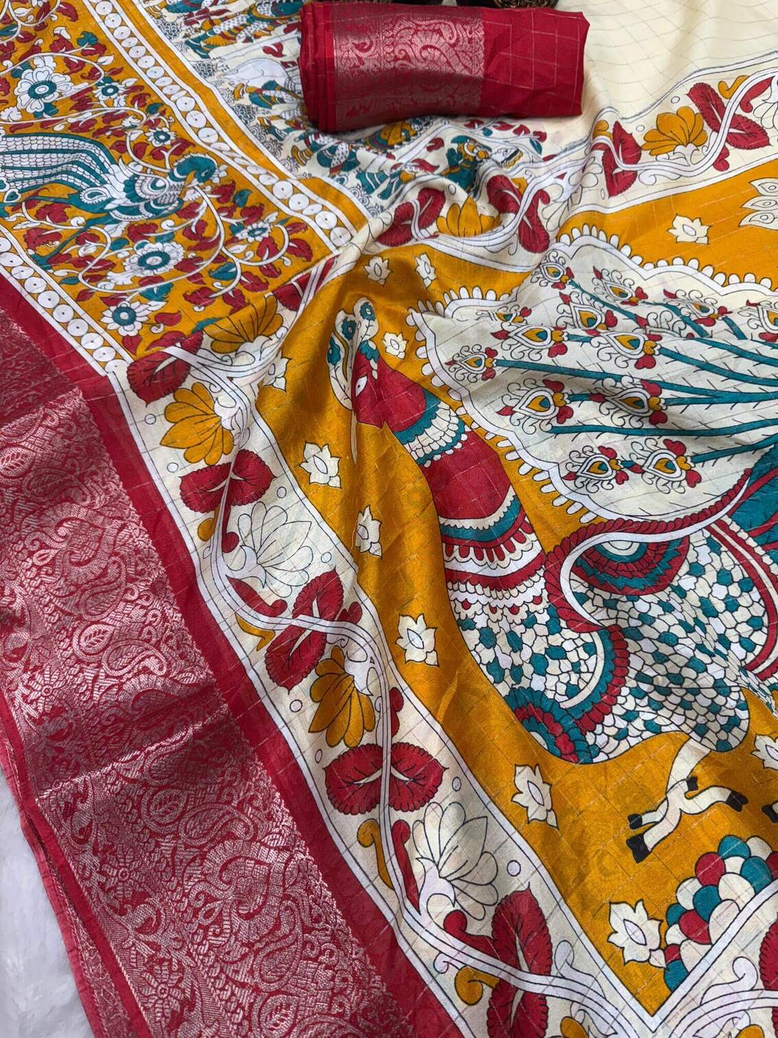 Inspiring Beige Digital Printed Dola Silk Saree With Traditional Blouse Piece