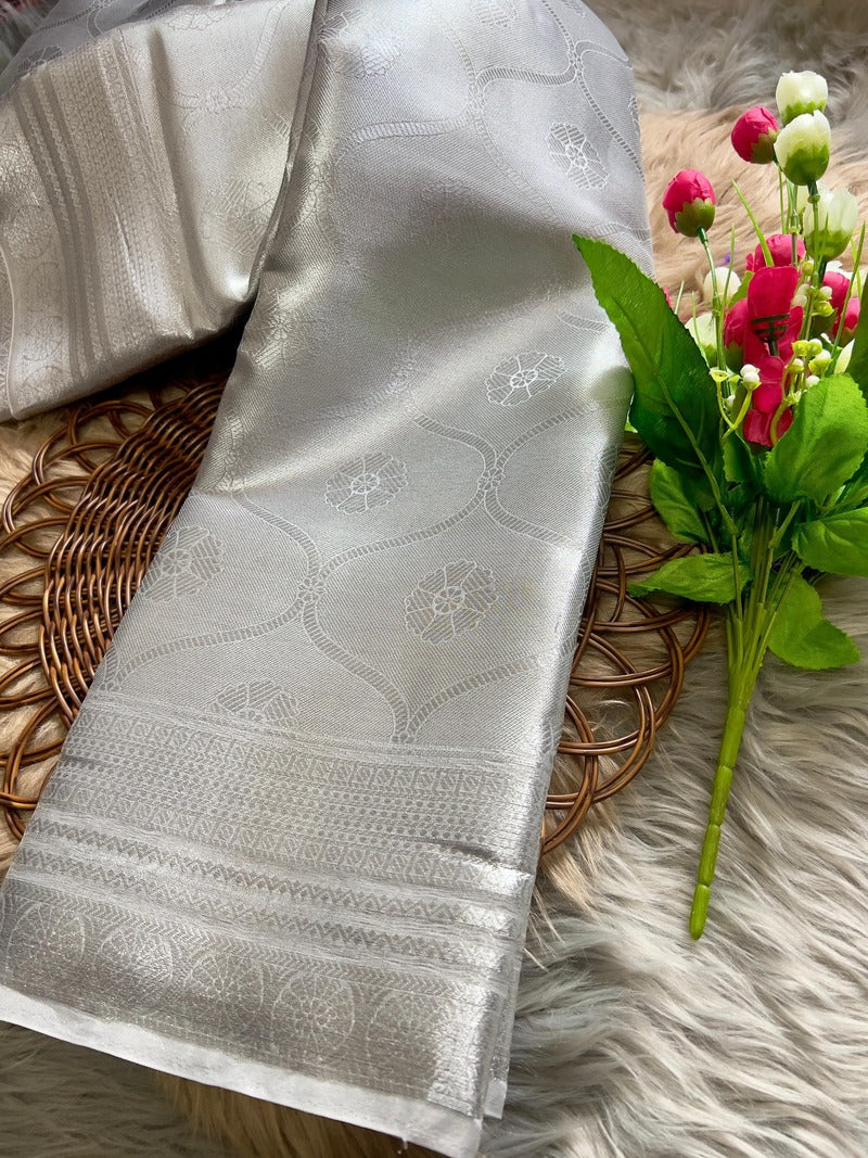 Bollywood Style Silver Soft Tissue Silk Saree With Winsome Blouse Piece