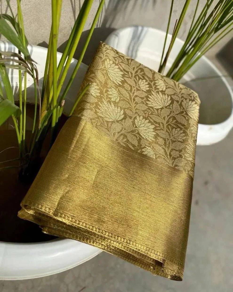 Engaging Golden Soft Tissue Silk Saree With Prodigal Blouse Piece