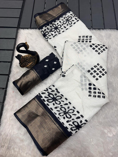 Stylish Off White Digital Printed Dola Silk Saree With Prodigal Blouse Piece