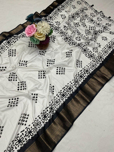 Stylish Off White Digital Printed Dola Silk Saree With Prodigal Blouse Piece