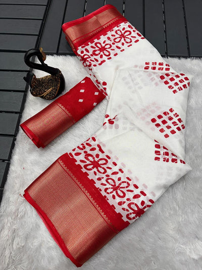 Ideal Off White Digital Printed Dola Silk Saree With Vivacious Blouse Piece