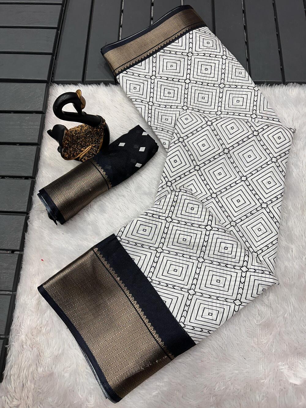 Cynosure Off White Digital Printed Dola Silk Saree With Tremendous Blouse Piece