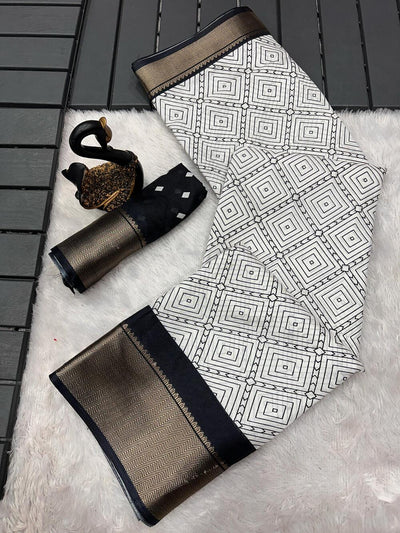 Cynosure Off White Digital Printed Dola Silk Saree With Tremendous Blouse Piece