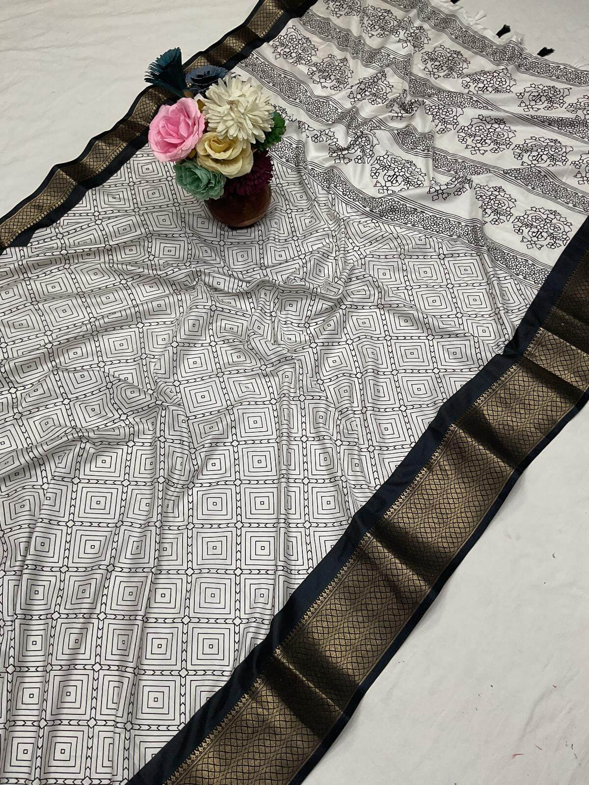 Cynosure Off White Digital Printed Dola Silk Saree With Tremendous Blouse Piece