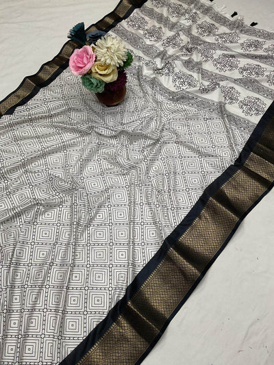 Cynosure Off White Digital Printed Dola Silk Saree With Tremendous Blouse Piece