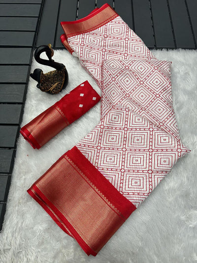 Allure Off White Digital Printed Dola Silk Saree With Enthralling Blouse Piece