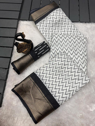 Luxuriant Off White Digital Printed Dola Silk Saree With Scrupulous Blouse Piece