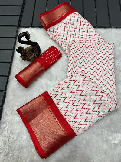 Fugacious Off White Digital Printed Dola Silk Saree With Dissemble Blouse Piece