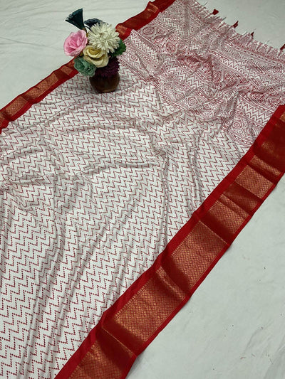 Fugacious Off White Digital Printed Dola Silk Saree With Dissemble Blouse Piece