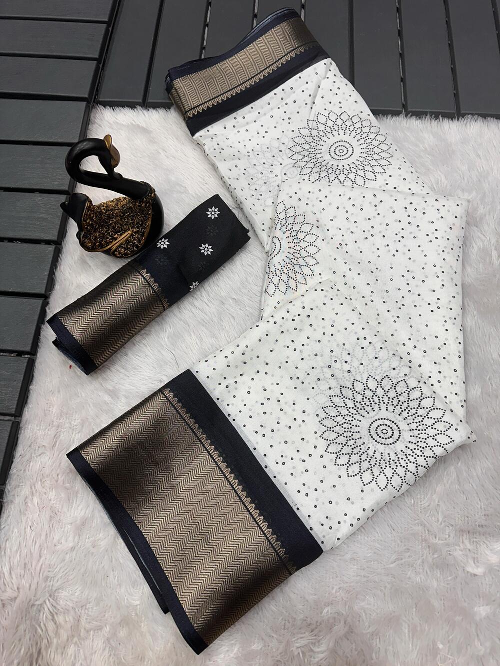 Dalliance Off White Digital Printed Dola Silk Saree With Desultory Blouse Piece