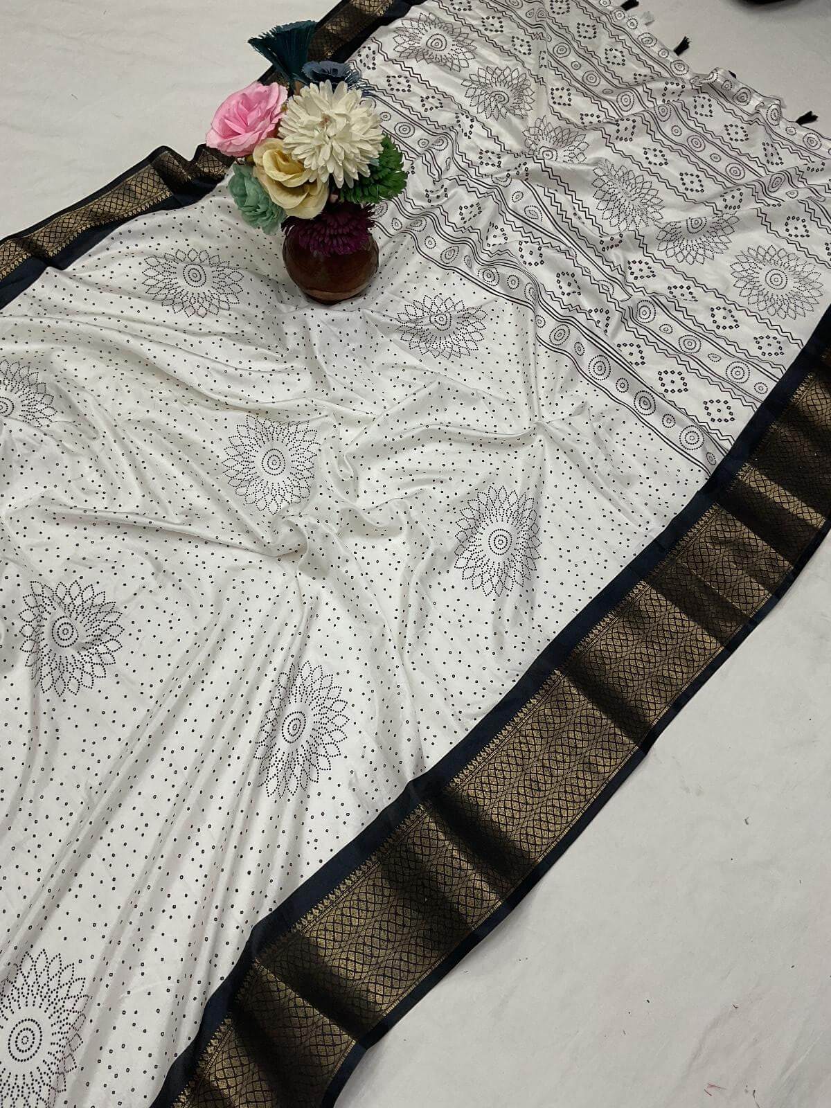 Dalliance Off White Digital Printed Dola Silk Saree With Desultory Blouse Piece