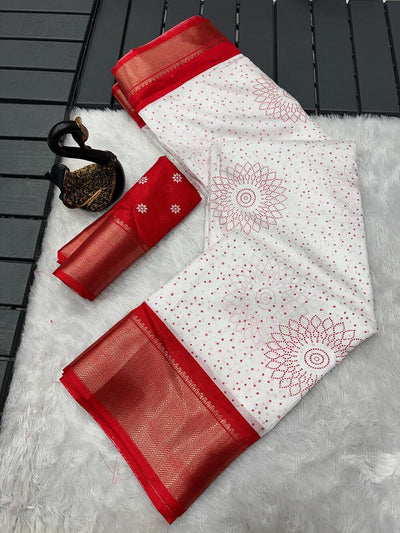 Sizzling Off White Digital Printed Dola Silk Saree With Preferable Blouse Piece