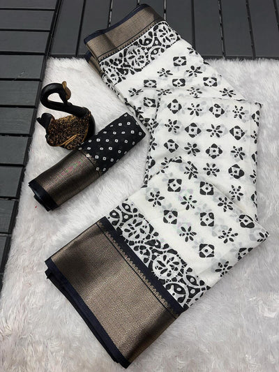 Chatoyant Off White Digital Printed Dola Silk Saree With Snazzy Blouse Piece