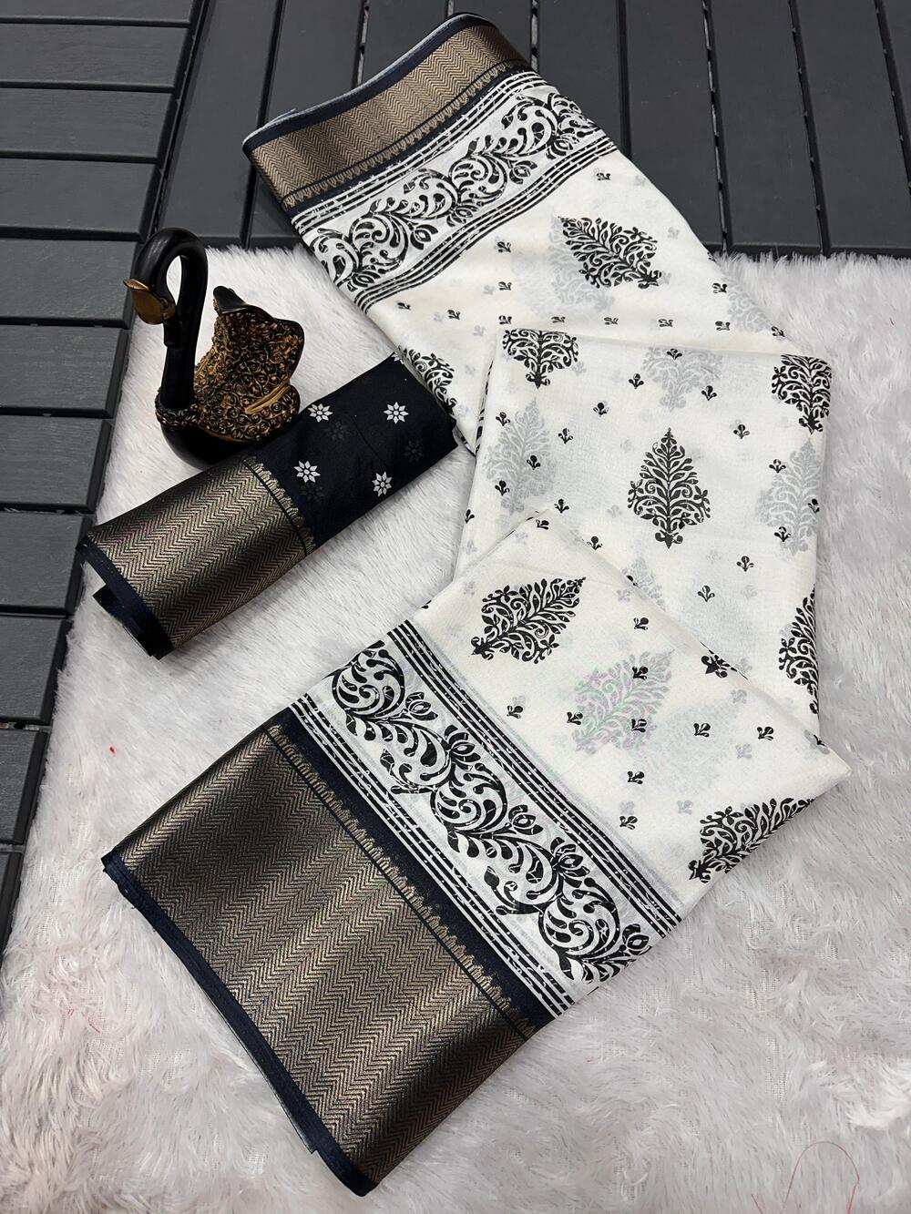 Confounding Off White Digital Printed Dola Silk Saree With Fancifull Blouse Piece