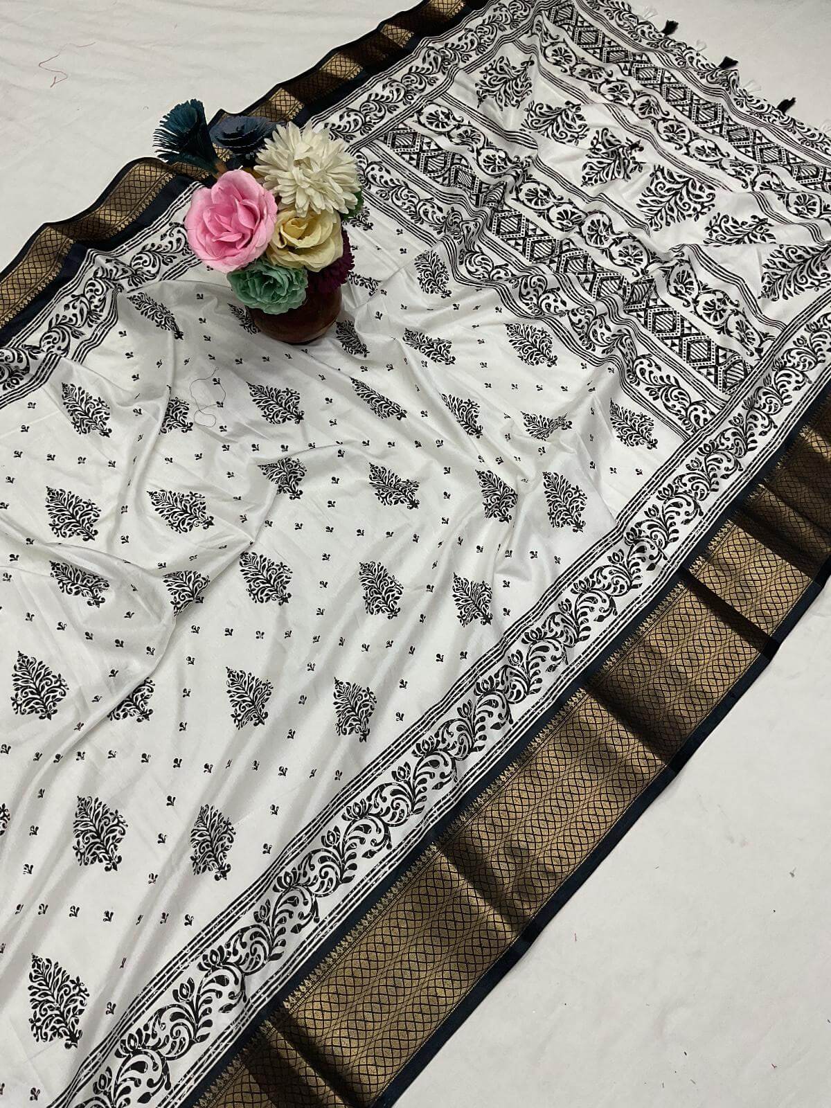 Confounding Off White Digital Printed Dola Silk Saree With Fancifull Blouse Piece