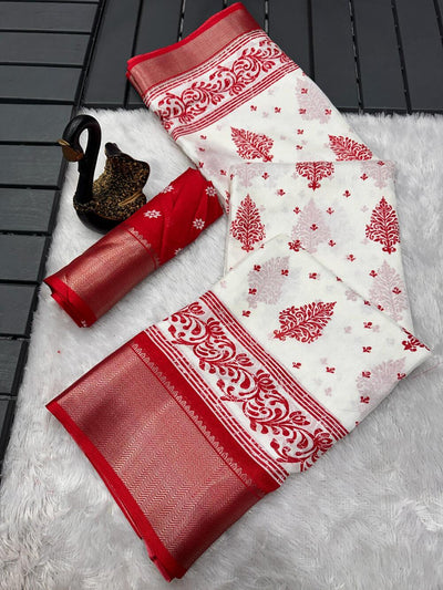 Pleasurable Off White Digital Printed Dola Silk Saree With Supernal Blouse Piece