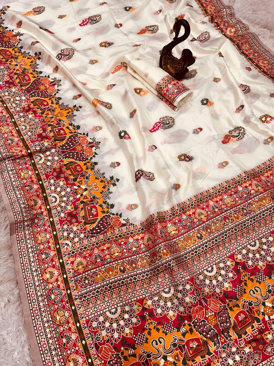 Glamorous Beige Pashmina Saree With Pulsating Blouse Piece