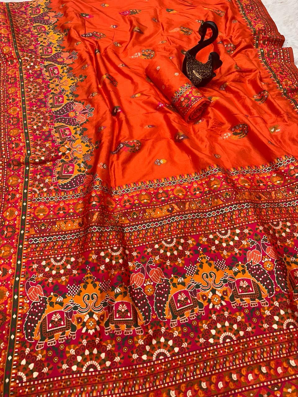 Attractive Orange Pashmina Saree With Sumptuous Blouse Piece